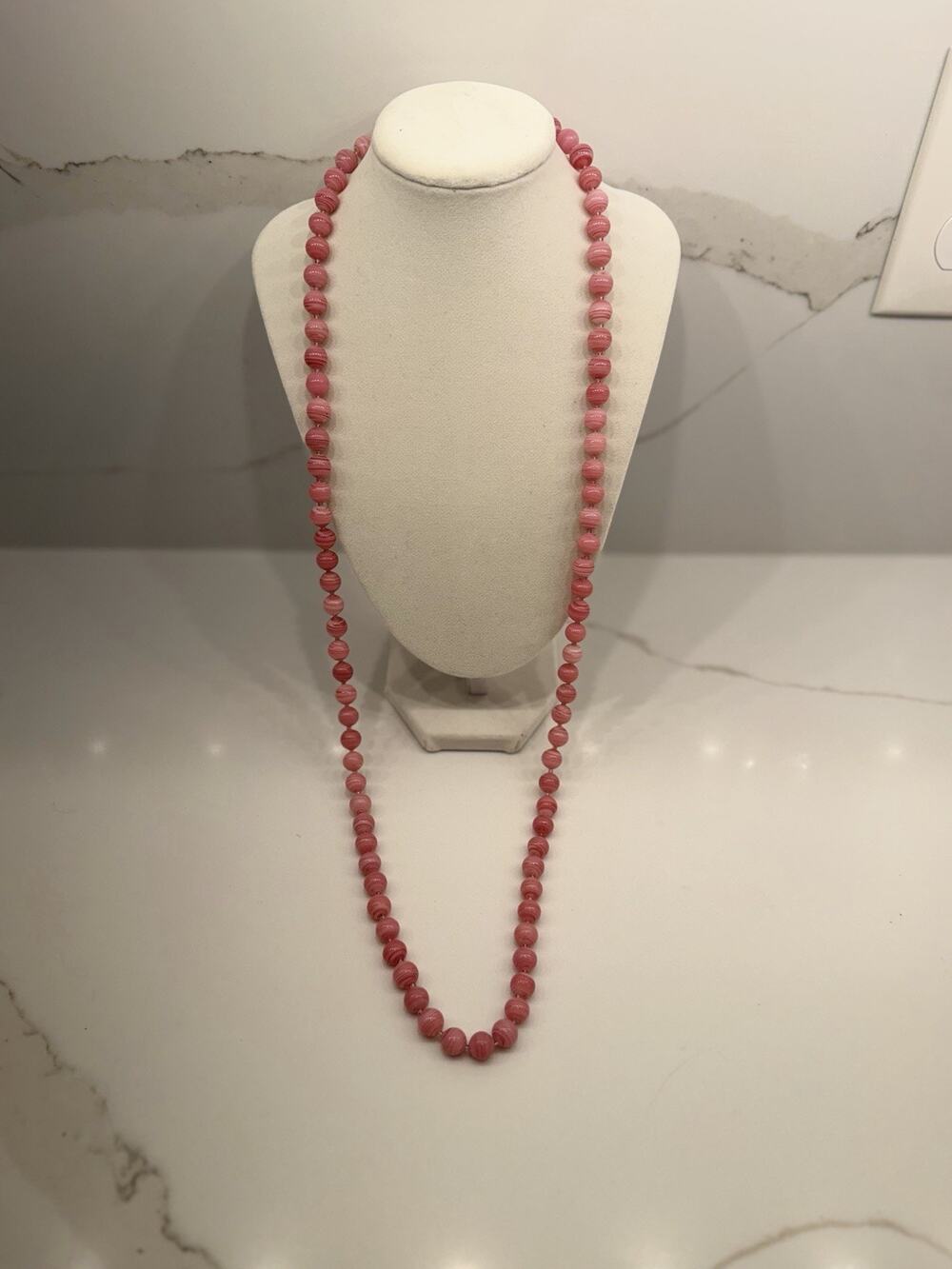 Vintage Pink Swirl Glass Bead Necklace Long Opera Strand 35” Art Glass